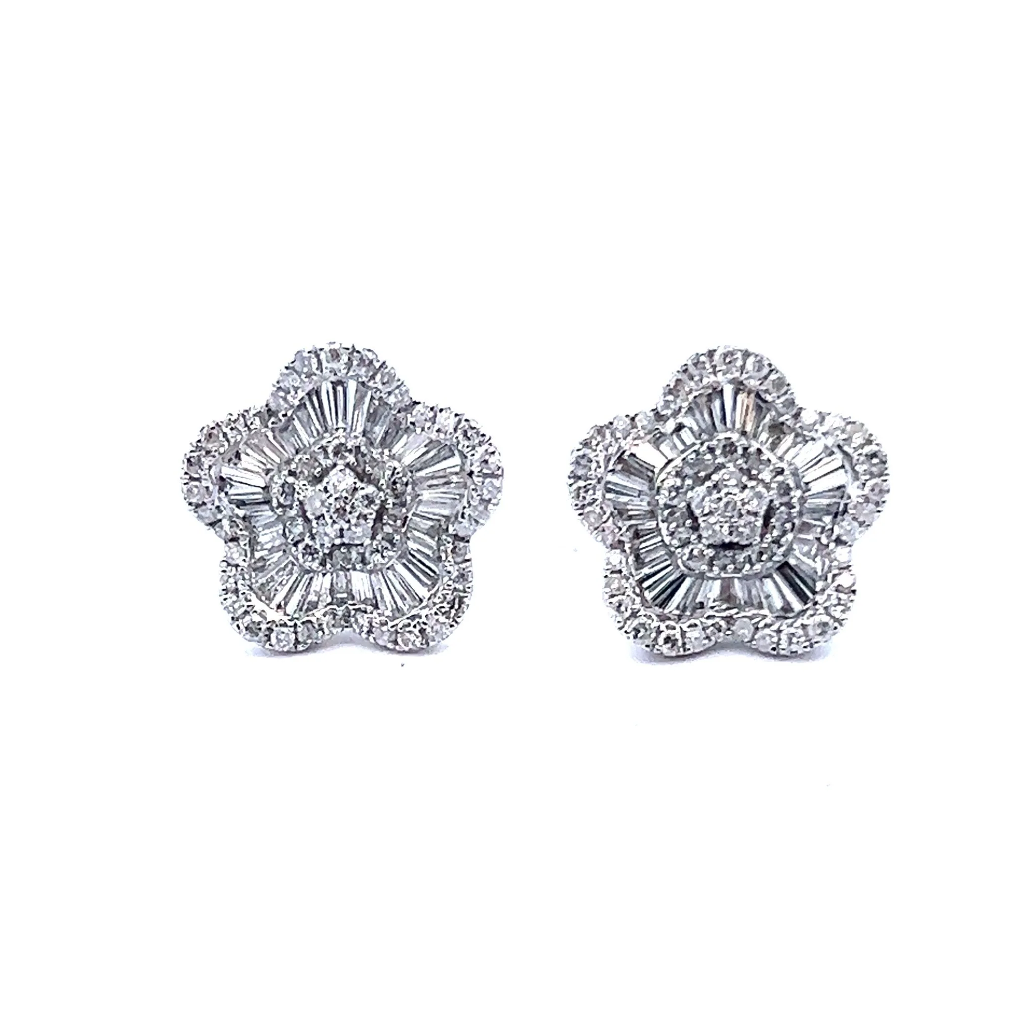 14K White Gold Baguette Diamond Flower Earrings