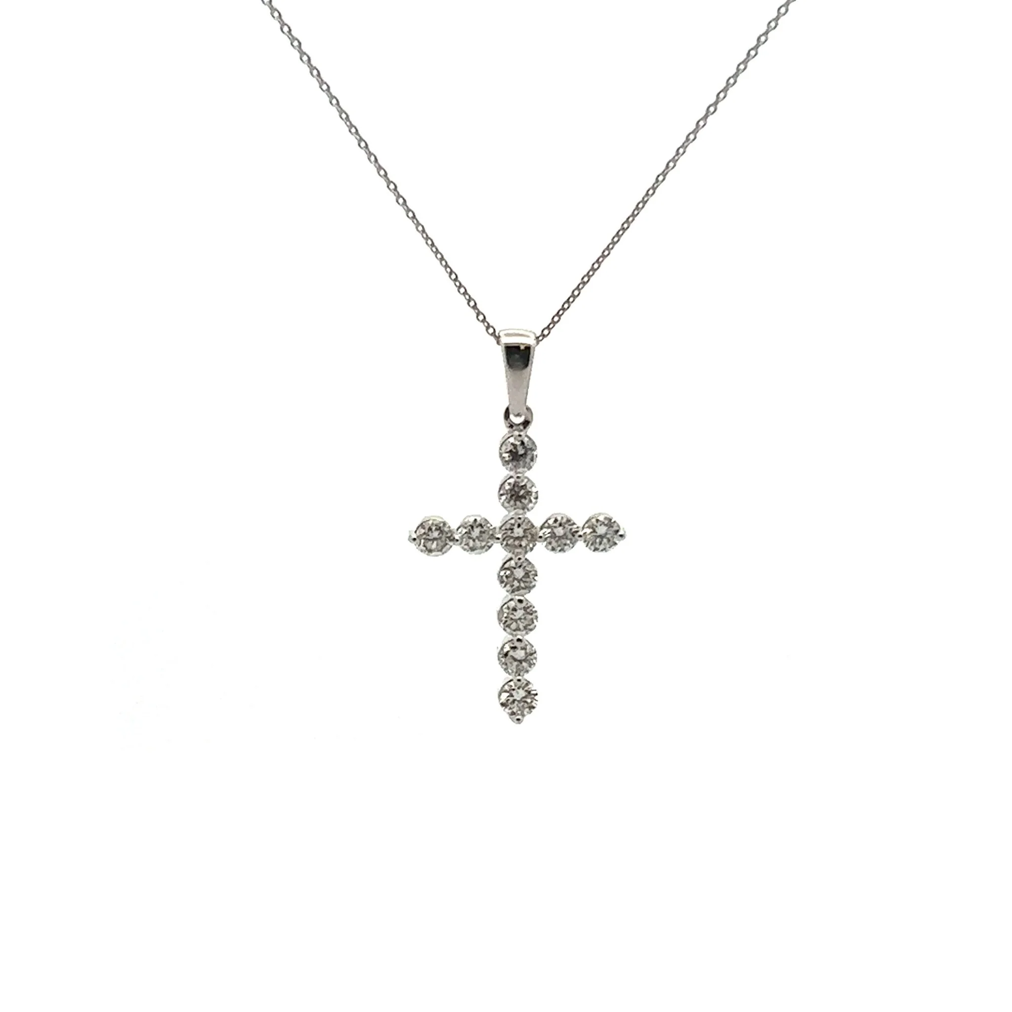 14K White Gold Round Diamond Cross Necklace