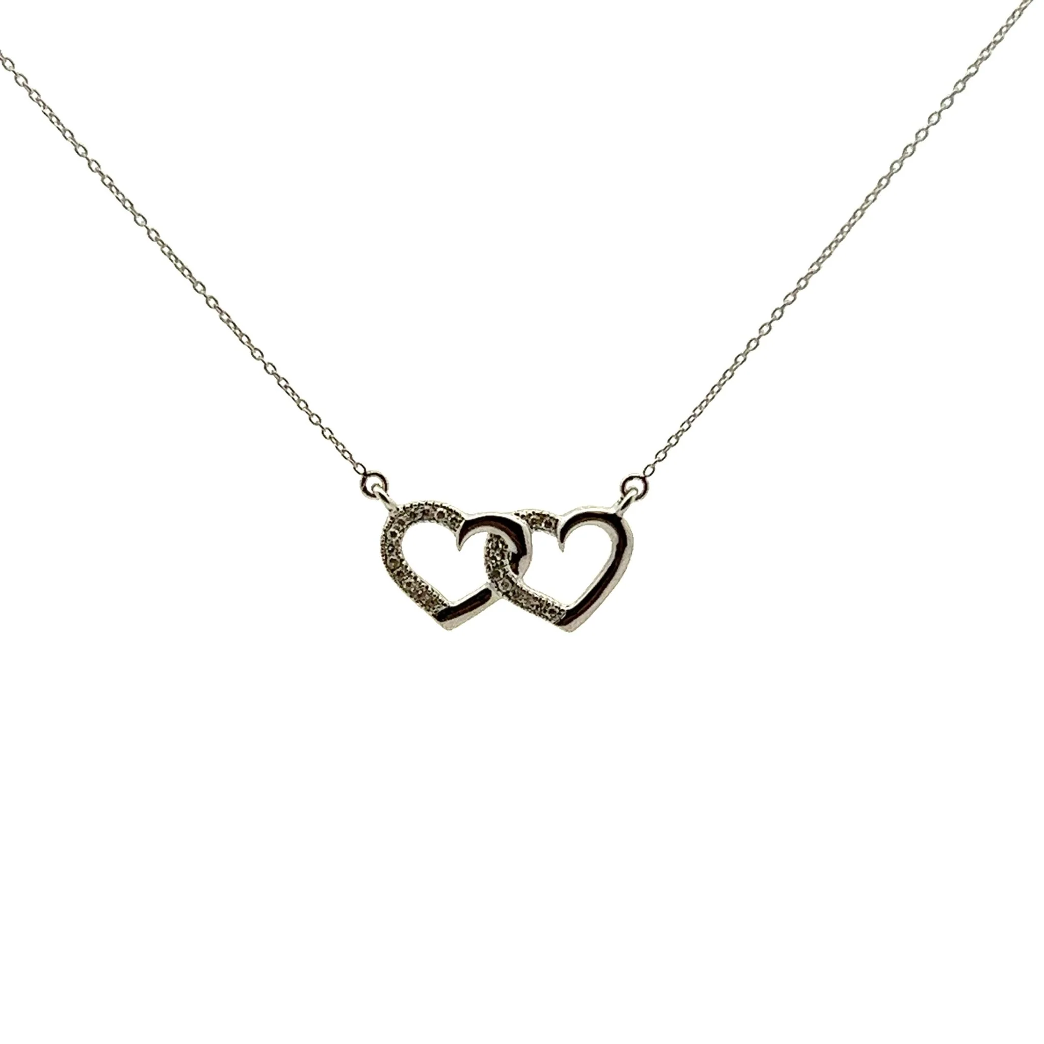 14k White Gold Double Heart Diamond Necklace