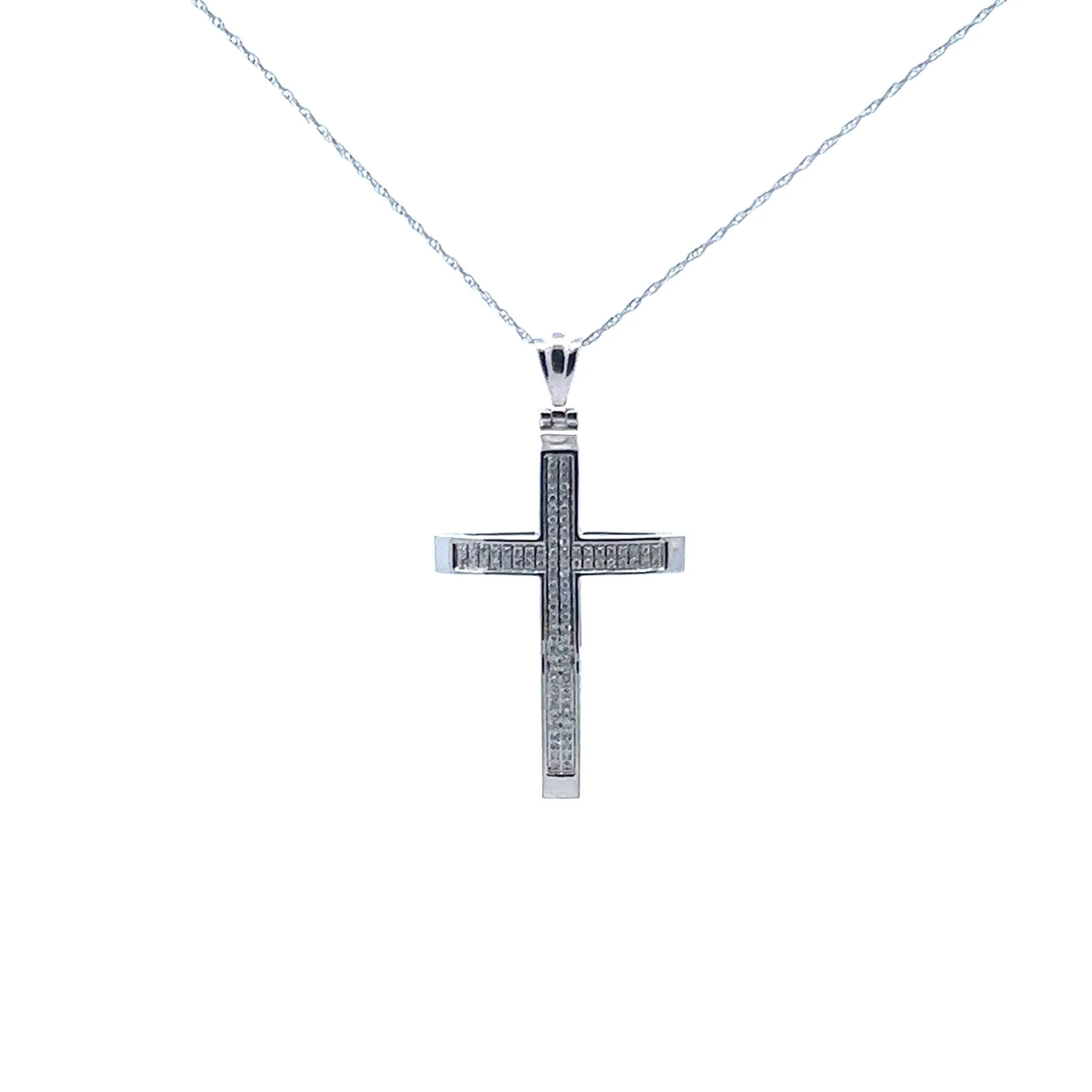 14K White Gold Double Row Diamond Cross Necklace