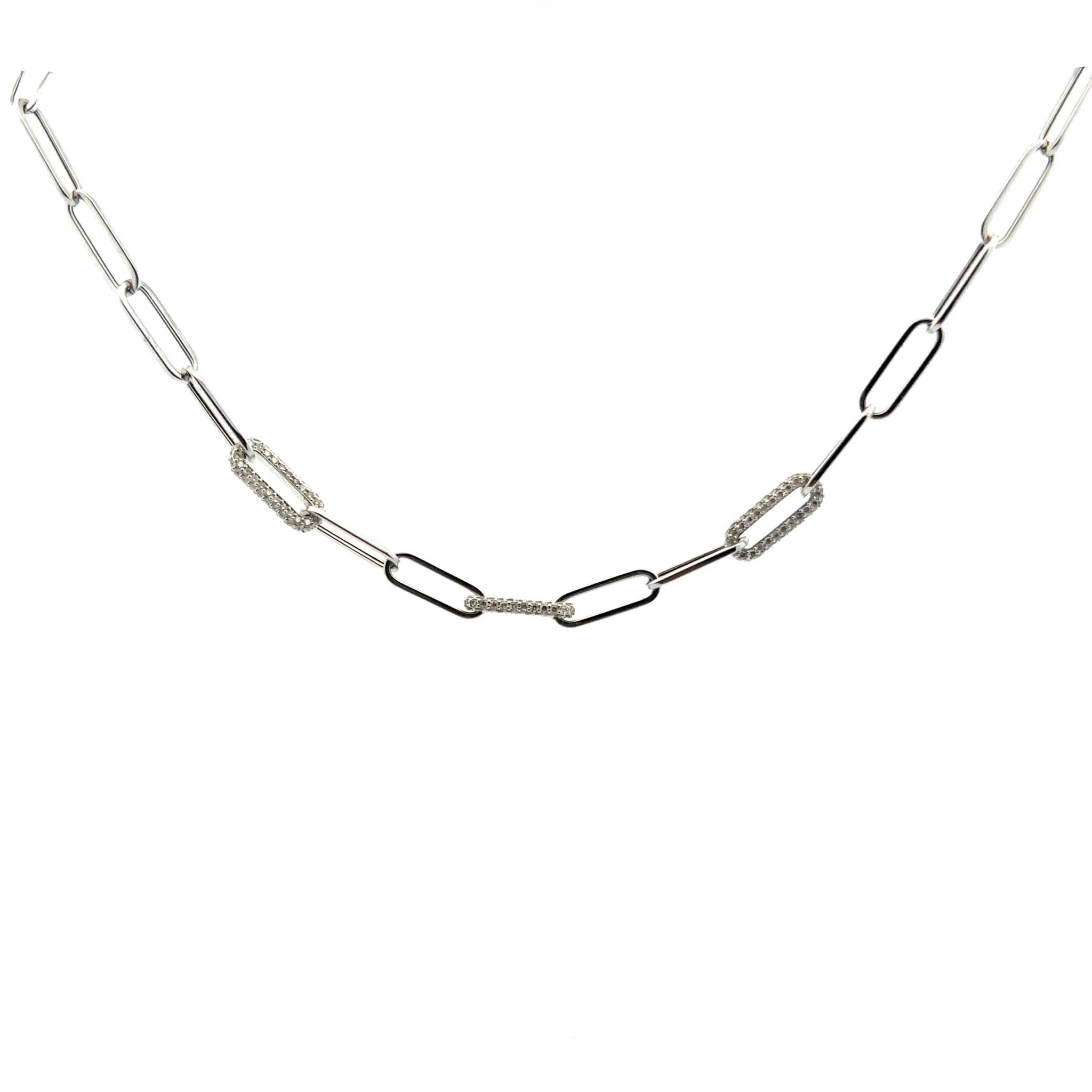 14K White Gold Triple Diamond Link Paper Clip Necklace
