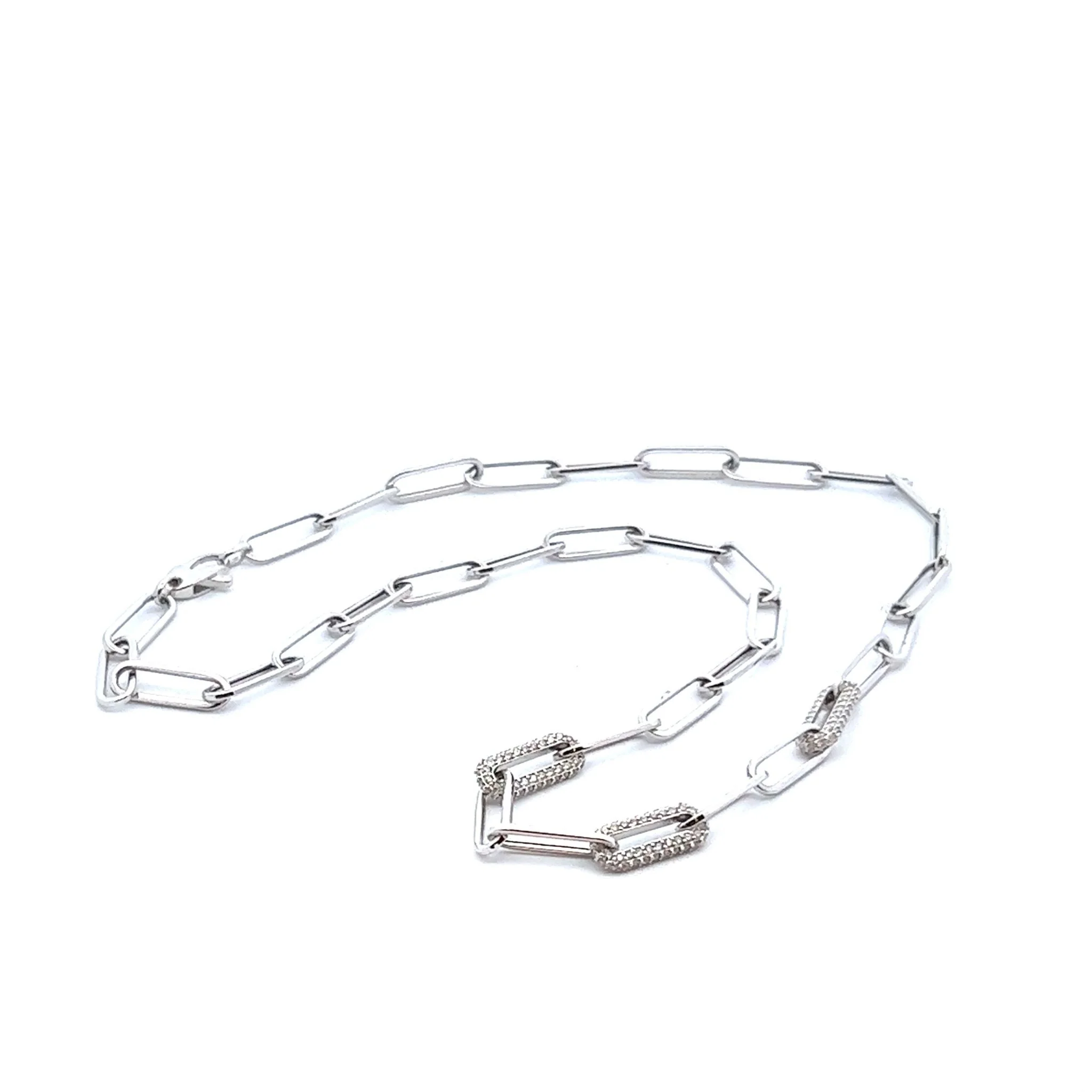 14K White Gold Triple Diamond Link Paper Clip Necklace - Image 2