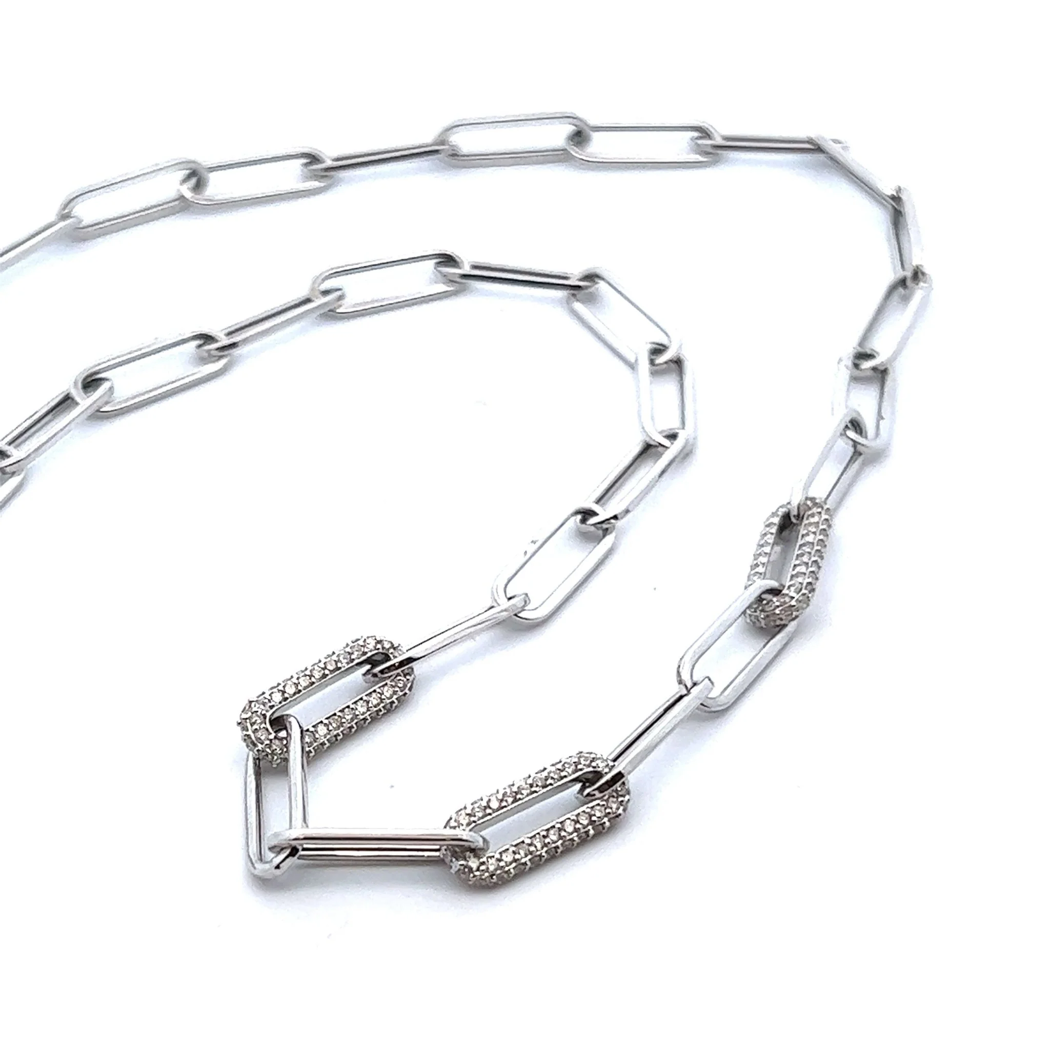 14K White Gold Triple Diamond Link Paper Clip Necklace - Image 3