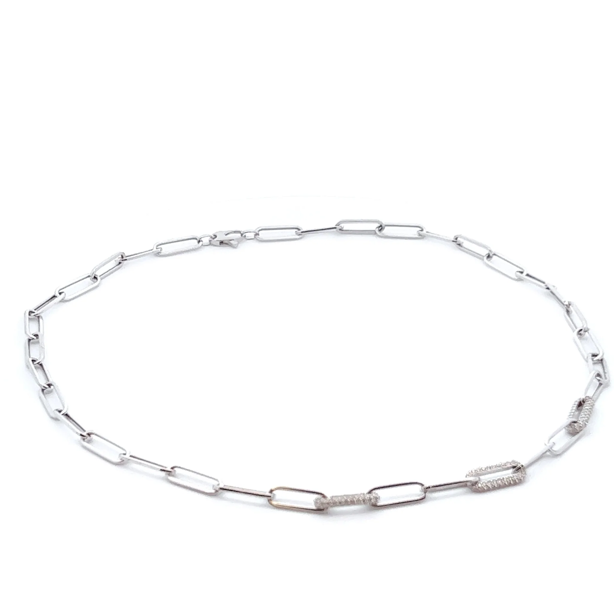 14K White Gold Triple Diamond Link Paper Clip Necklace - Image 4