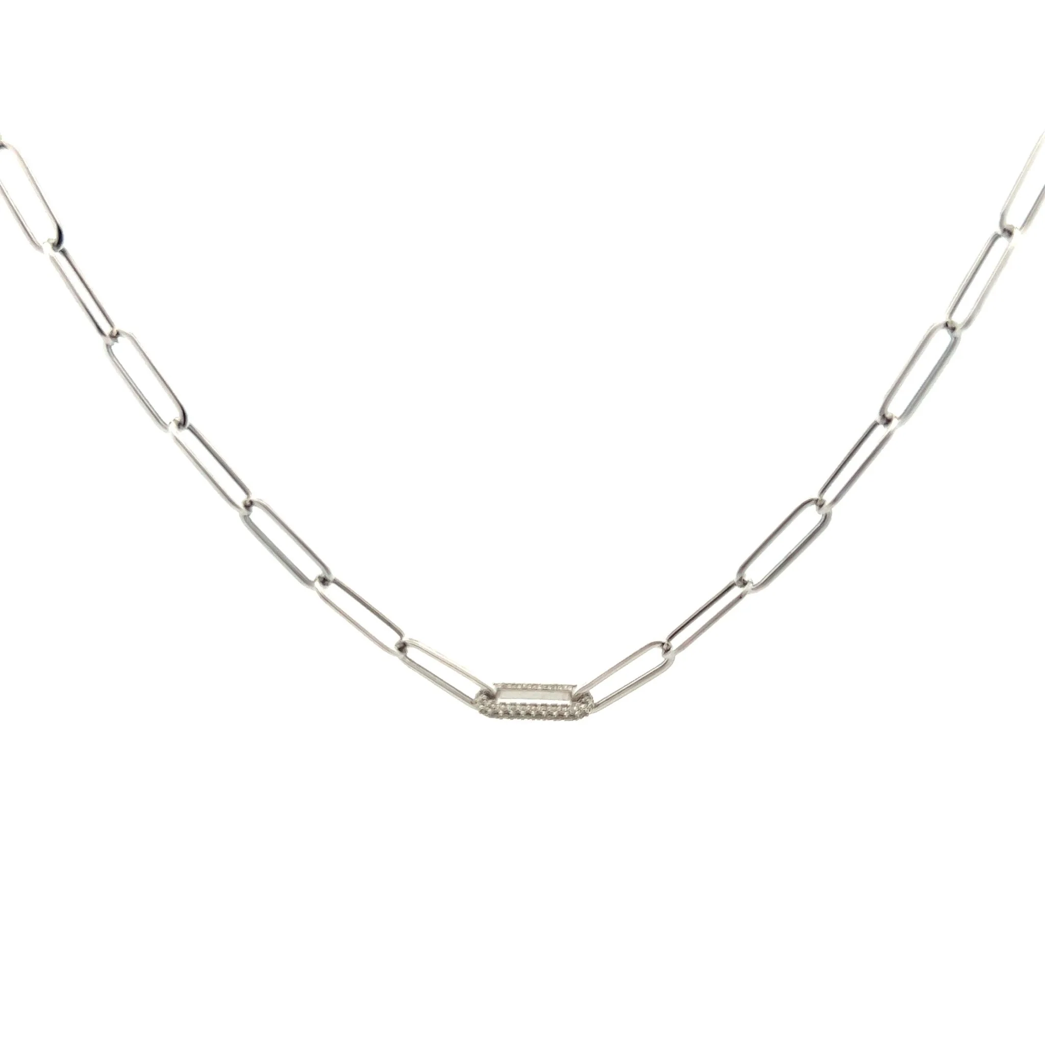 14K White Gold Paper Clip Necklace with Diamond Loop