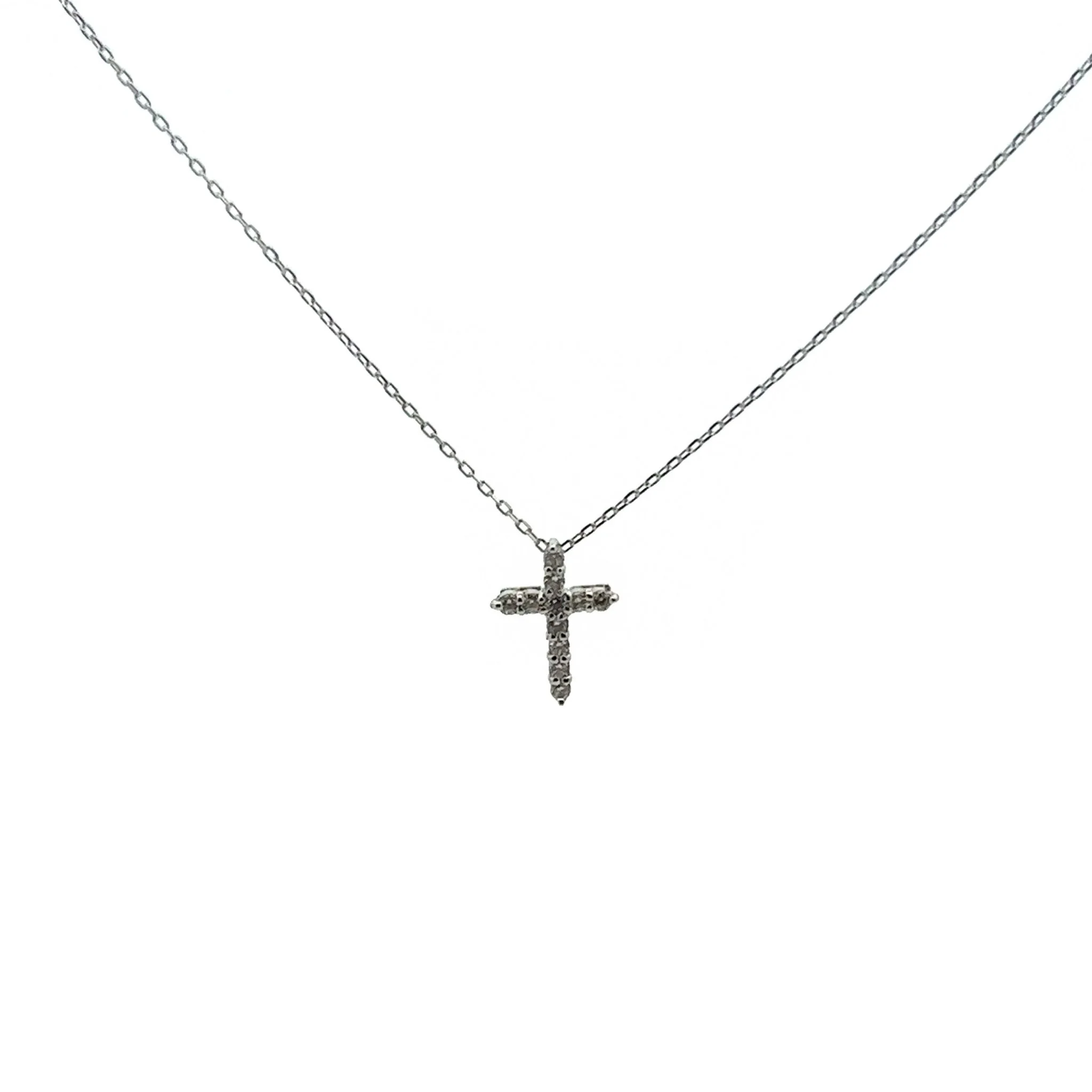 18K White Gold Tiny Diamond Cross Necklace