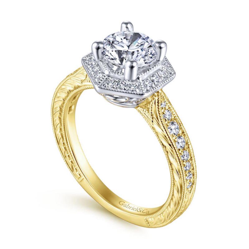 Gabriel & Co. 14k Two Tone Gold Art Deco Halo Engagement Ring - Image 3