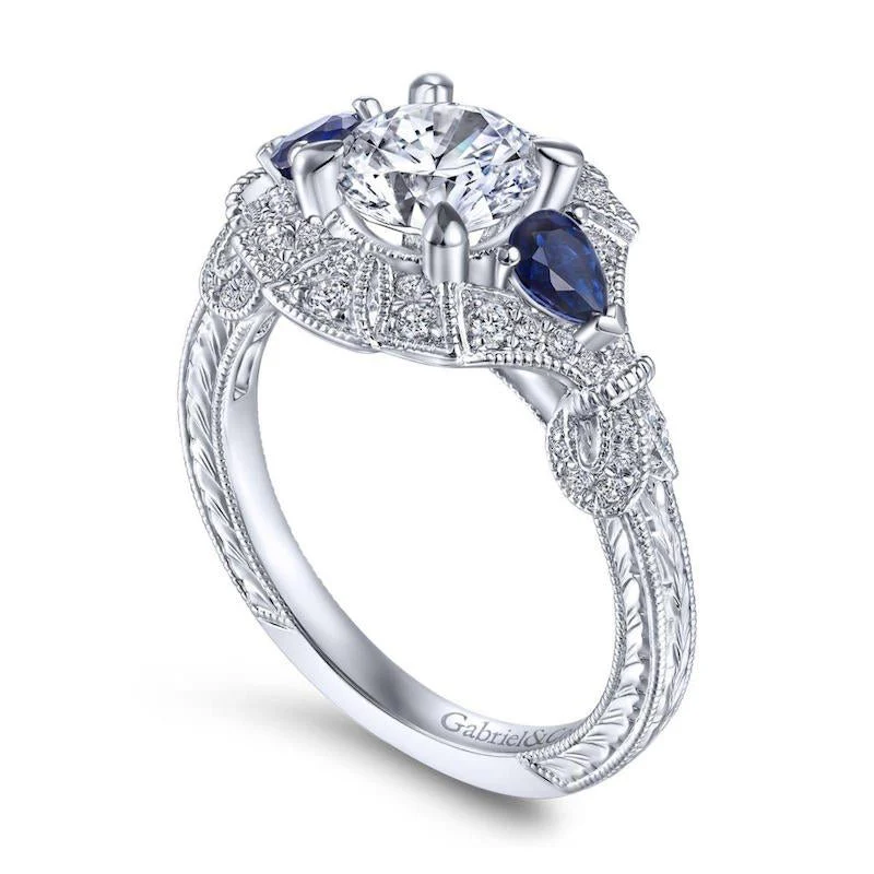 Gabriel & Co. 14k White Gold Art Deco 3 Stone Diamond & Gemstone Halo Engagement Ring - Image 3