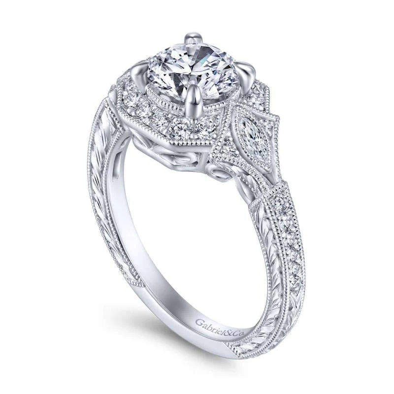 Gabriel & Co. 14k White Gold Art Deco Halo Engagement Ring - Image 3
