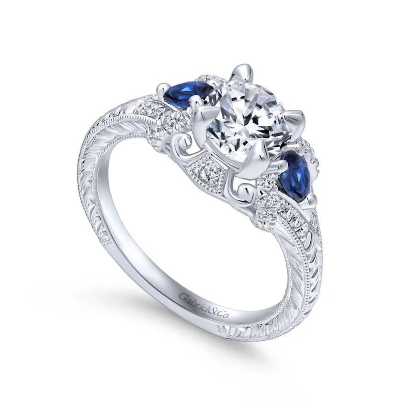 Gabriel & Co. 14k White Gold Victorian 3 Stone Diamond & Gemstone Engagement Ring - Image 3