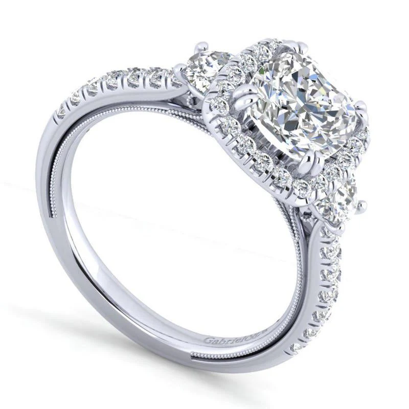 Gabriel & Co. 14k White Gold Victorian 3 Stone Halo Engagement Ring - Image 3