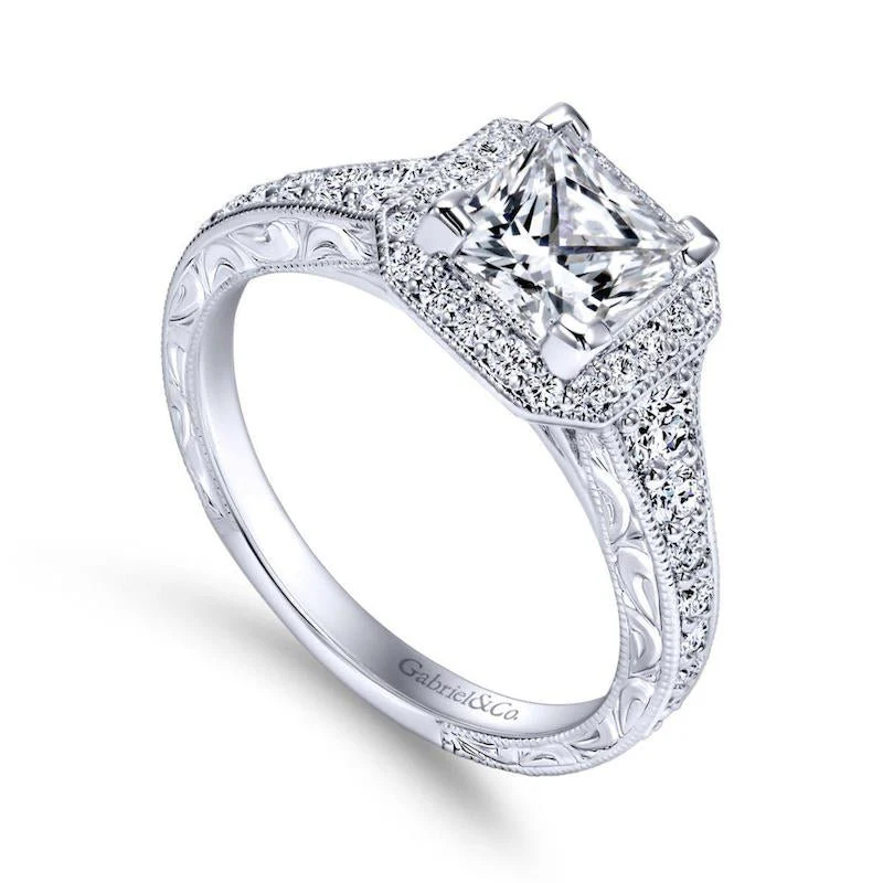 Gabriel & Co. 14k White Gold Victorian Halo Engagement Ring - Image 3