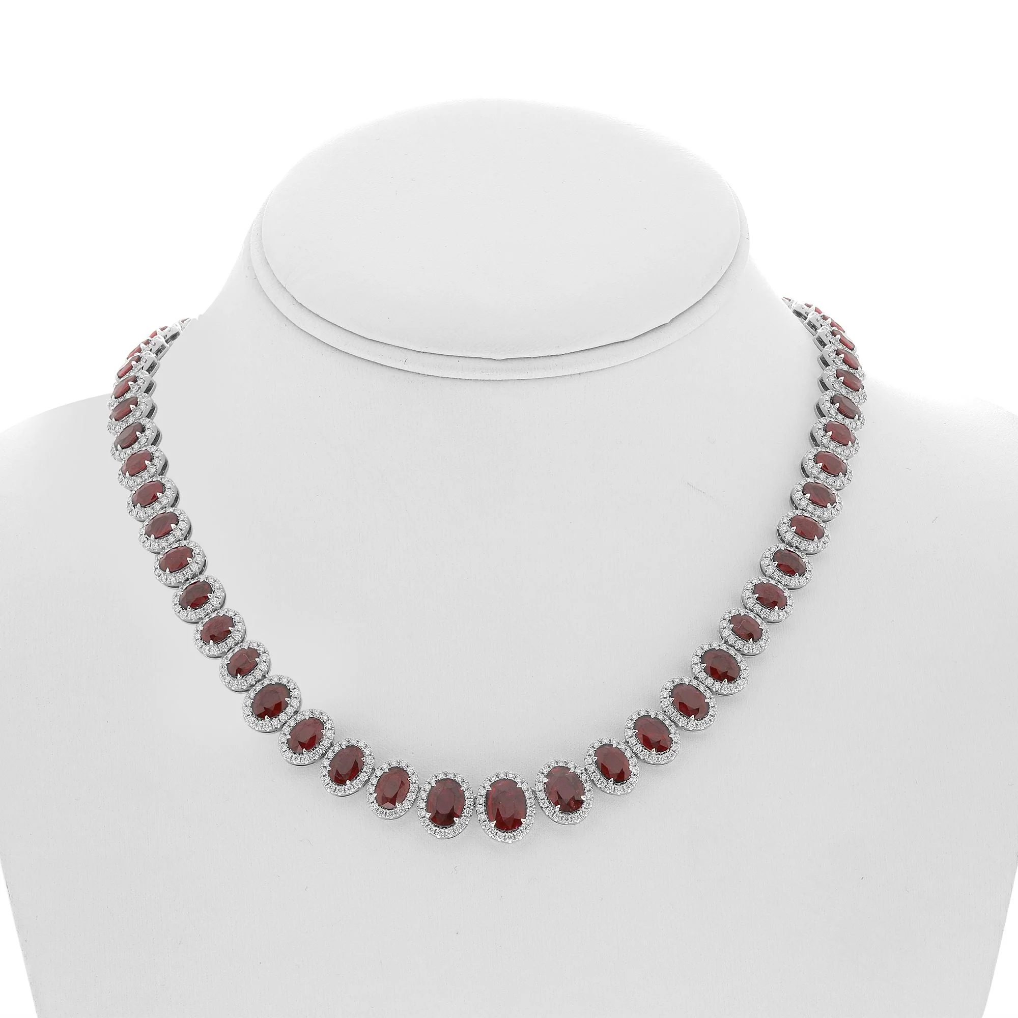 Oval Ruby and Diamond Halo Necklace in 18K White Gold - Image 3